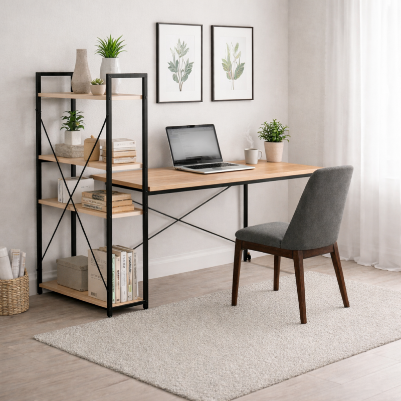 Loftowe biurko komputerowe z regałem, półkami, 120 x 60cm, czarne, blat jasny brąz STL24JBR loftowe-biurko-komputerowe-z-regalem-polkami-120-x-60cm-czarne-blat-jasny-braz-stl24jbr_1