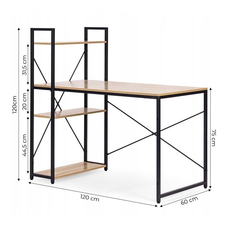 Loftowe biurko komputerowe z regałem, półkami, 120 x 60cm, czarne, blat jasny brąz STL24JBR loftowe-biurko-komputerowe-z-regalem-polkami-120-x-60cm-czarne-blat-jasny-braz-stl24jbr_5