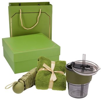 Zestaw prezentowy KUBEK turystyczny SZKLANY parasolka ręcznik UPOMINKOWY