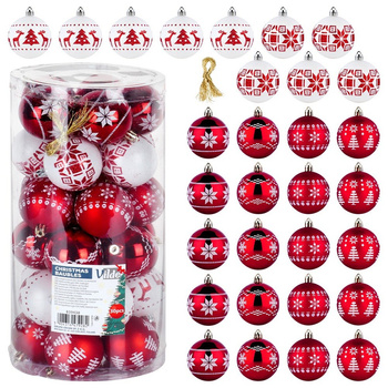 Bombki choinkowe nietłukące czerwone białe 6 cm 30 szt.