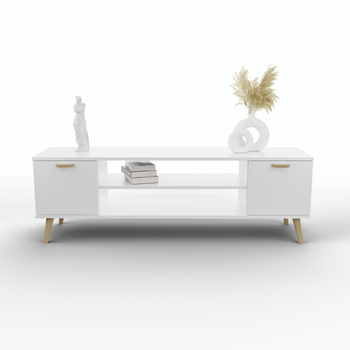 Szafka RTV 135 cm skandynawska biała nogi drewniane